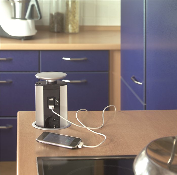 EVOline Port USB Charger / Silver / 1x USB / 2x power socket-2503